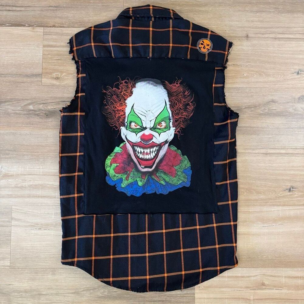 Demons Behind Me Black Orange Upcycle Vest Killer Clown Back Size Large Custom
